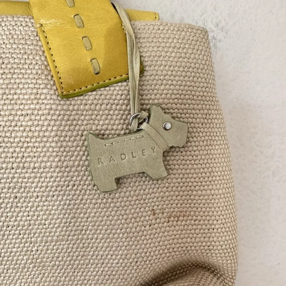 RADLEY STUNNING WOVEN CONTRAST YELLOW LEATHER GREEN STITCH TRIM TOP HANDLE TOTE